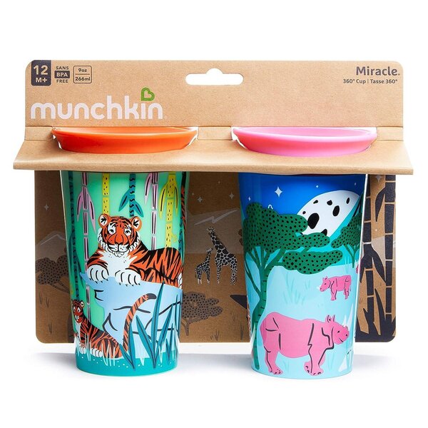 Munchkin Sippy Cup 2pk 266ml Wildlove Miracle 360  Rhino/Tiger - Munchkin